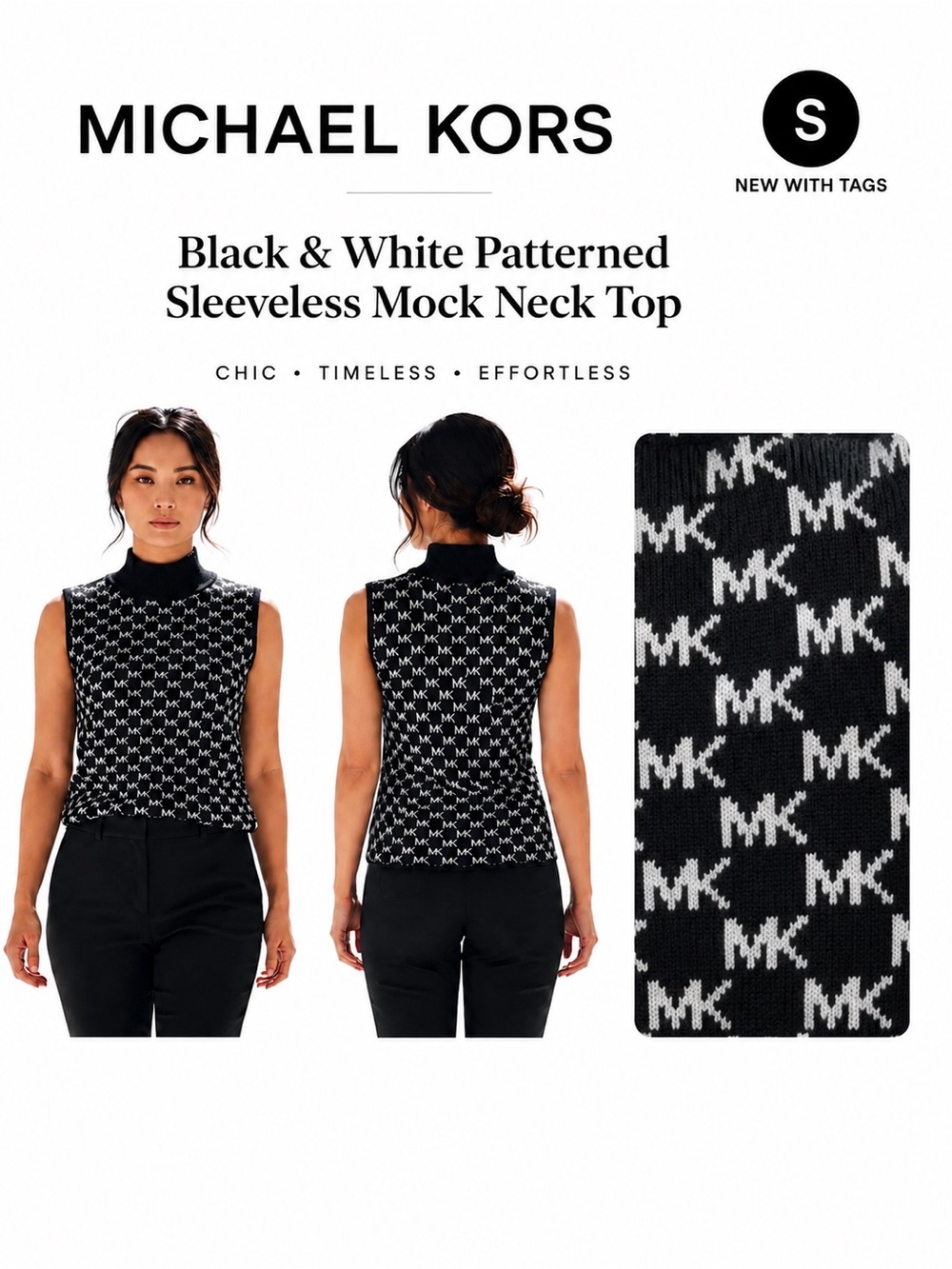 NWT Michael Kors MK Monogram Sleeveless Mock Neck Sweater Tank Black White Sm